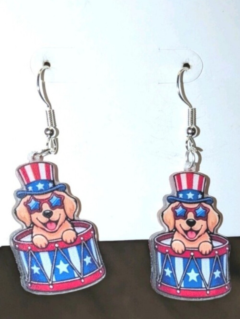 Patriotic Puppy Drum Dangle Earrings - Red, White & Blue